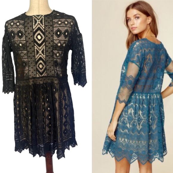 Jen's Pirate Booty Sagrada Romeo Lace 3/4 Sleeves Mini Dress in Black Small - Picture 2 of 11